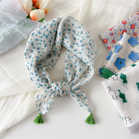 Floral Print Square Scarf With Tassels Polyester Cotton Linen Feel Neckerchief Decorative Headscarf For Women Sweet Pastoral Style