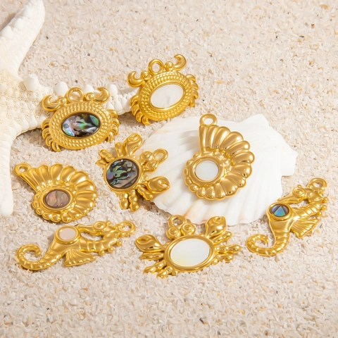 Colgantes de Animales Marinos de Acero Inoxidable Caballito de Mar Cangrejo Caracola Incrustado Concha de Abulón Perla Artificial Joyería DIY