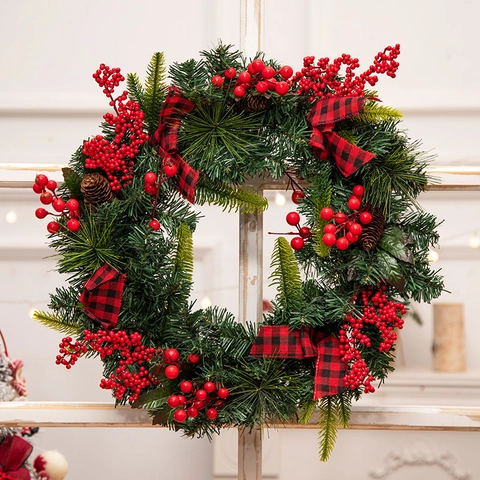 Artificial Pine Christmas Wreath Red Berries Pine Cones Plaid Bow Bells Rustic Festive Door Wall Hanging Ornament