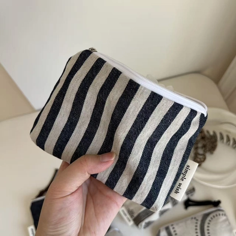 Mini Canvas Coin Purse Small Zipper Pouch Vintage Polka Dot Striped Denim Bag For Lipstick Earphone Organizer Women