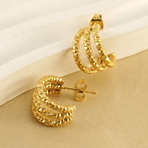 Boucles D'oreilles Créoles À Trois Couches Texturées En Acier Inoxydable Plqué Or 18K Géométrique Pour Femmes