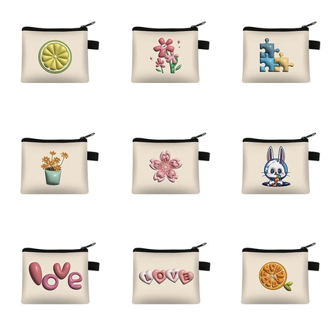 Χαριτωμένο Μίνι Πορτοφόλι Κερμάτων 3D Puff Floral Bunny Heart Print Zipper Canvas Pouch Φορητή Μικρή Τσάντα Για Μαθητές