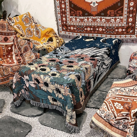 Coperta Intrecciata Bohémien Cotone Nappe Motivo Notte Stellata Girasole Per Divano Camping Picnic Reversibile Decorativo