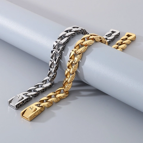 Pulsera Y Anillo De Cadena Cubana Acero Inoxidable Patrón Tallado Estilo Hip Hop Joyería Para Hombres