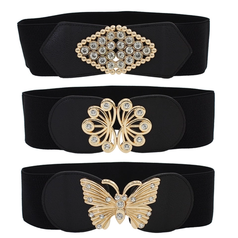 Cinturón Ancho Elástico Para Mujer Cuero PU Rhinestone Mariposa Hebilla De Interbloqueo Corsé Para Vestidos