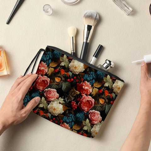 Borsa Da Trucco In Lino Con Motivo Floreale Pochette Per Cosmetici Portatile Con Cerniera E Cinturino Da Polso Per Viaggi Donna Grande Capacità