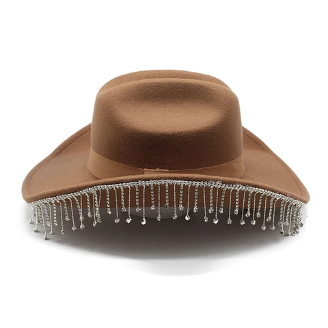 Western Cowboy Hat Woolen Felt With Rhinestone Tassel Fringe Sparkling Jazz Fedora Party Headwear For Women