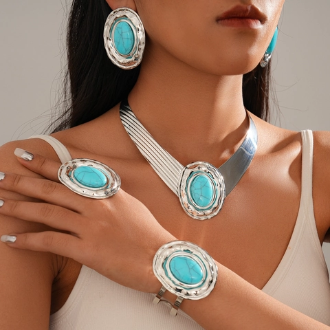 Gioielli Bohemien Lega Acrilico Ovale Collana Orecchini Bracciale Anello Esagerato Vintage Stile Donne