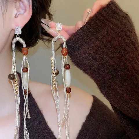Tassel Drop Ohrringe Mit 925 Sterling Silber Ohrstecker Quadratischer Zirkonia Acrylperlen Gewebtes Seil Boho Vintage Ethno