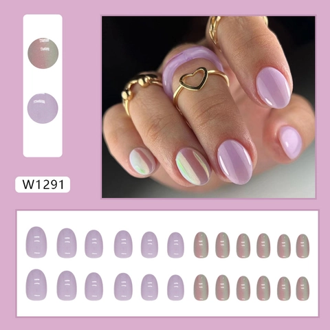 Press On Nagels Ovaal Taro Paars Aurora Goud Glanzend Kunstnagels Voor Vrouwen Manicure