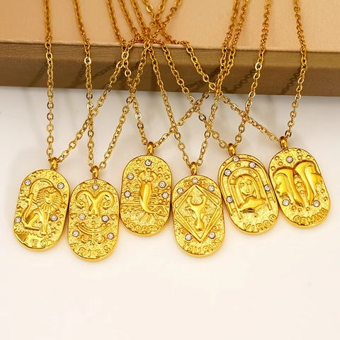 Collana Zodiaco Acciaio Inossidabile 304 Placcato Oro Pendente Ovale Rilievo Zirconia Vintage Costellazione Donne