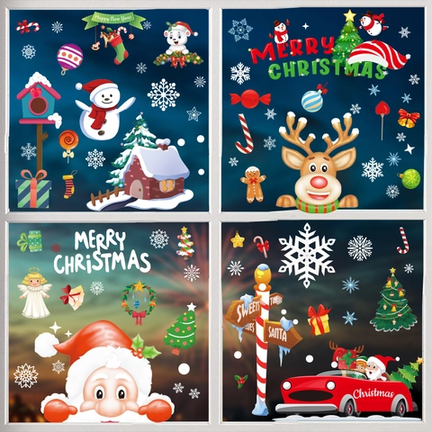 Pegatinas Estáticas Ventana Navidad Papá Noel Muñeco Nieve Reno Copo Nieve Doble Cara PVC Decoración Invierno
