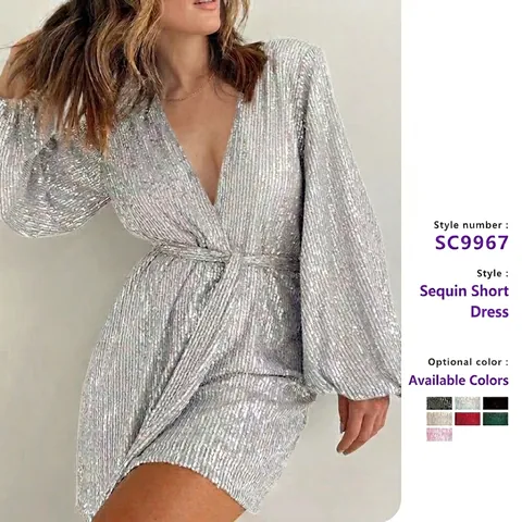 Damen Pailletten Langarm Jumpsuit V-Ausschnitt Gürtel Laternenärmel Party Cocktail Mode Playsuit Elegant