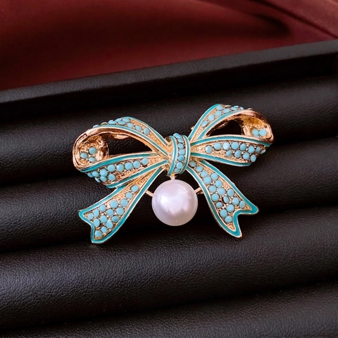 Spilla A Fiocco Vintage Lega Tonalità Oro Con Perla Artificial Sintetica E Künstliche Perle In Resina Blu Elegante Spilla Retro Da Donna
