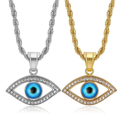 Hip Hop Evil Eye Pendant Necklace For Men Women Stainless Steel Gold Plated Rhinestone Blue Eye Charm Jewelry Gift
