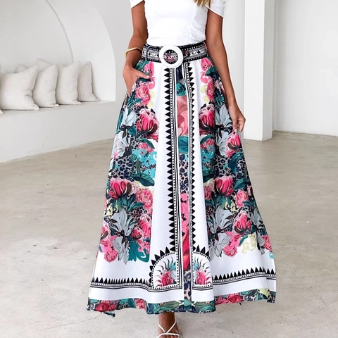 Women Off Shoulder Top And Maxi Skirt Floral Leopard Print A Line Long Bohemian Summer Vacation Chic Polyester