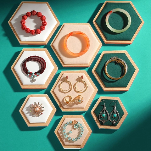 Hexagonal Jewelry Display Tray Bamboo Wood Professional Photography Props For Rings Earrings Bracelets Watches Artistic