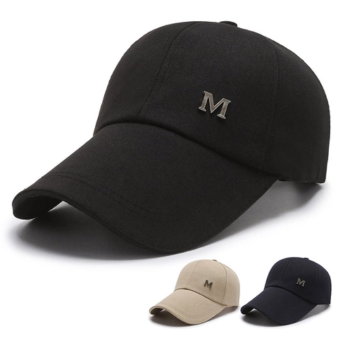 Long Brim Baseball Cap Cotton Canvas Sunshade Outdoor Fishing Sun Hat With Metal M Letter Adjustable