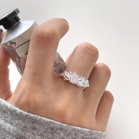 Rectangular Zircon Ring 925 Sterling Silver Irregular Bubble Texture Geometric Minimalist Adjustable Finger Jewelry Women