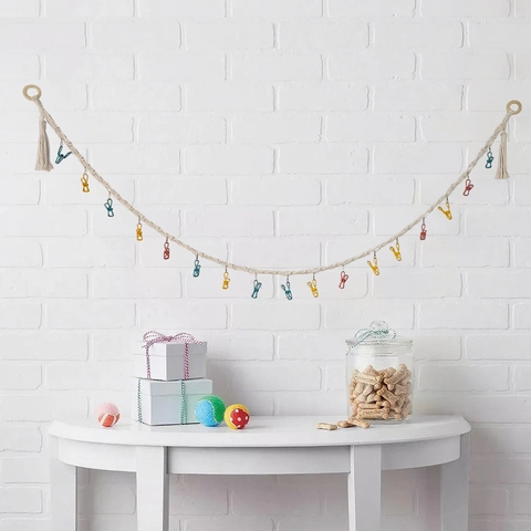 Boho Macrame Photo Hanging Rope Cotton Woven Wall Decor Display Lanyard With Colorful Clips And Wood Rings