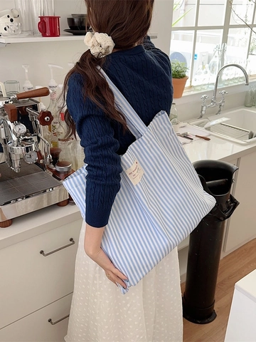 Borsa Tote In Tela A Righe Grande Capacità Borsa A Spalla Casual Per Uso Quotidiano Ufficio Scuola