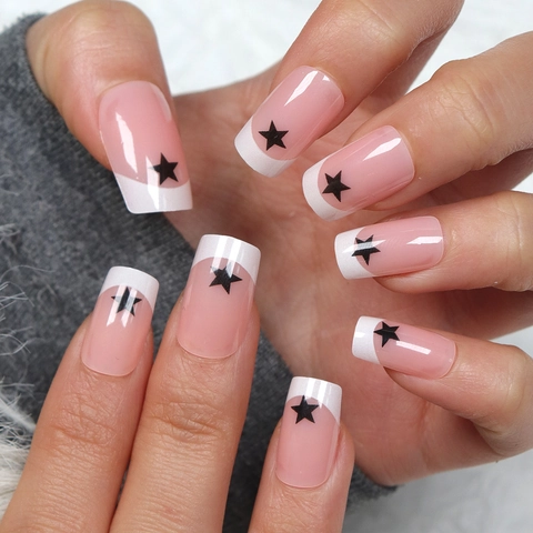 French Tip Press On Nails Square Medium Pink White Star Pattern Reusable Artificial False Nails For Women Salon Style