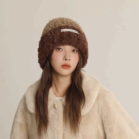 Gorro de Peluche de Color en Contraste para Mujer Gorro de Punto Cálido de Invierno Gorra Térmica de Piel Sintética Gruesa