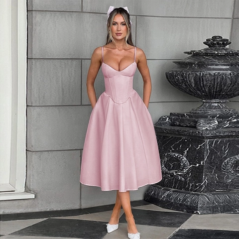 Damen Satin Spaghettiträger Midi Kleid Korsett Taille Slim Fit V-Ausschnitt A-Linie Einfarbig Elegant Party Clubwear