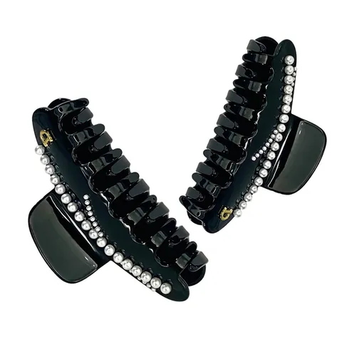 Molletta Per Capelli In Acetato Vintage Francese Con Perla Artificiale Elegante Lettera In Metallo Fermaglio Nero Per Donna