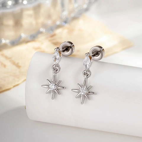 Star Pendant Cartilage Earring With Titanium Steel Post Copper Zircon Marquise Stone Screw Back Silver Color Niche