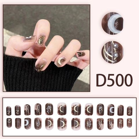 Faux Ongles Courts Press On Dégradé Marron Marbre Lune Dorée Strass Künstliche Perle Pour Femmes