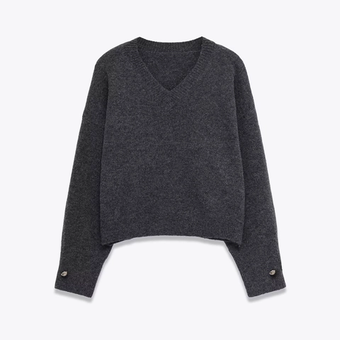 Suéter De Punto Con Cuello En V Para Mujer Poliéster Acrílico Suave Manga Larga Botones Puños Casual Corto