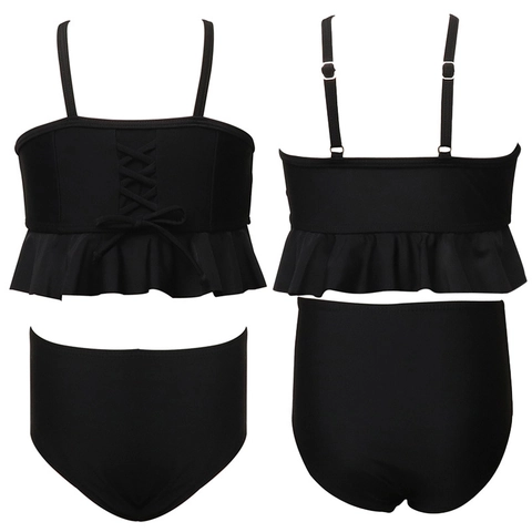 Meisjes Badpak Bikini Ruches Veters Nylon Kinderen Strand Badmode Hoge Taille Effen Kleur Sneldrogend