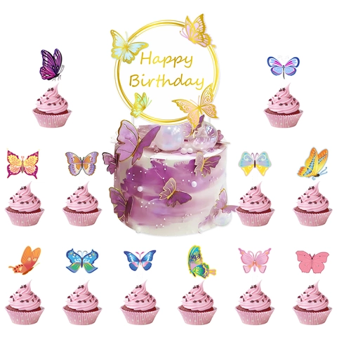 Butterfly Theme Birthday Cake Topper Set Gold Happy Birthday Sign Colorful 3D Butterfly Decorations For Wedding Party Cake Decor