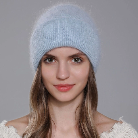 Gorro De Invierno Mujer Mezcla De Pelo De Conejo Angora Punto De Trenza Suave Esponjoso Capa Gruesa Con Dobladillo Cálido
