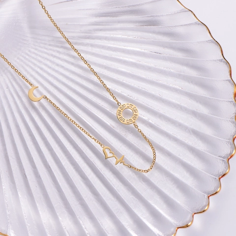 Collana In Acciaio Inossidabile 316L Placcato Oro 18K Cuore Battito Cardiaco ECG Luna Chiave Greca Ciondolo Per Donne Retro Minimalista