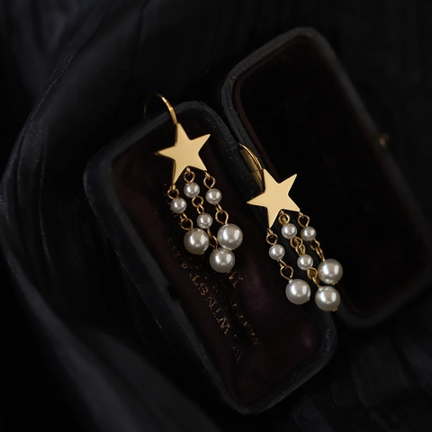 Boucles d'Oreilles Pendantes Étoile en Acier Inoxydable Avec Glands en Perles Artificielles Doré Bijoux Mode Femme