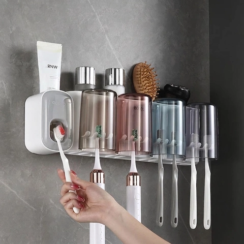 Wall Mounted Toothbrush Holder With Automatic Toothpaste Dispenser Bathroom Storage Rack Plastic Organizer Inverted Mouthwash Cups
