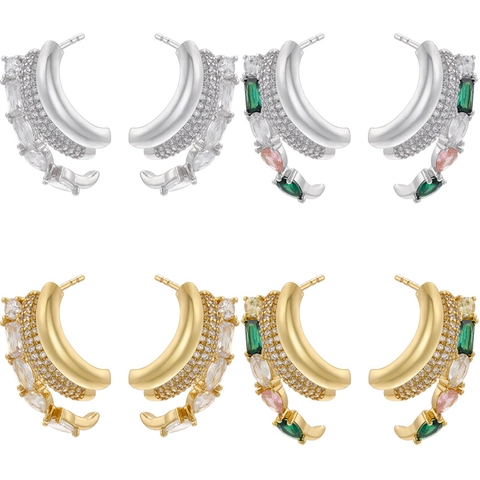 C Shape Multi Layer Stud Earrings Brass Inlaid Colored Zircon Geometric Ins Style For Women Elegant Accessories