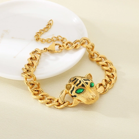 Leopardenkopf Armband Edelstahl 18K Vergoldet Grüner Strass Emaille Grobe Gliederkette Für Damen Modeschmuck