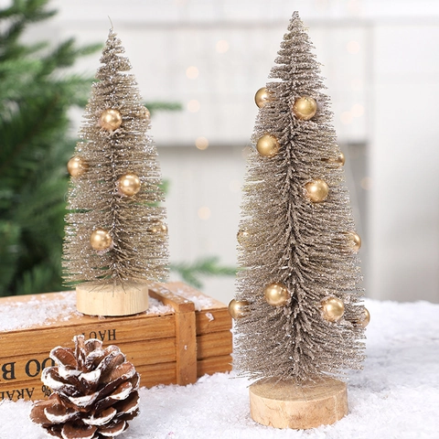Mini Albero Di Natale Decorazione Da Scrivania Base In Legno Sisal Glitter Oro Argento Ornamento Centrotavola Casa