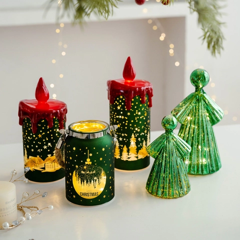 LED Christmas Glass Candle Lamp Glowing Handheld Lantern Snowflake Reindeer Pattern Battery Operated Festive Atmosphere Desktop Decor