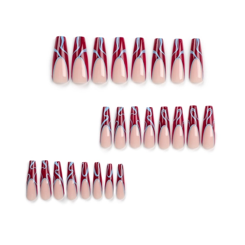 Extra Lange Coffin Press On Nägel Rot Französisches Design Blau Flamme Abstrakte Wellenlinien Glänzende Künstliche Maniküre