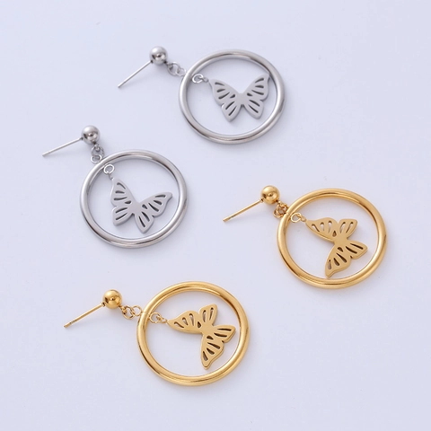 Orecchini A Cerchio Con Farfalla Pendenti Cavi Acciaio Inossidabile Placcato Oro 18K Gioielli Di Moda Per Donna