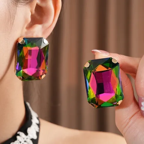 Vintage Large Rectangle Crystal Earrings With Silver Earring Post Exaggerated Copper Studs Retro Luxury Fashion For Women