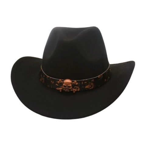 Kinder Western Cowboyhut Vintage Filz Breite Krempe Mit Metall Totenkopf Lederband Punk Stil Retro Fedora