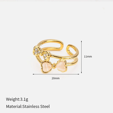 Französischer Stil Doppelschicht Schleife Offener Ring Damen 304 Edelstahl 18K Gold Überzogen Strass Künstlicher Katzenaugen Ring