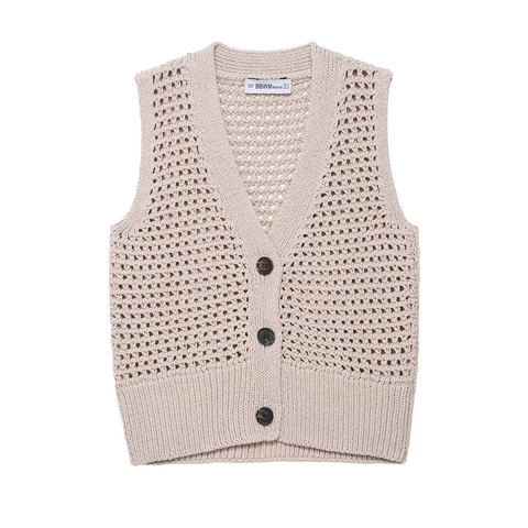 Gilet En Tricot Crocheté Pour Femmes Vintage Col En V Pull Sans Manches Cardigan En Tricot Décontracté