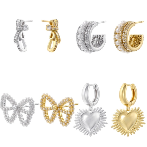 Elegant Brass Bow Knot Heart Earrings For Women With Artificial Pearl And Rhinestone C-Shape Stud Earrings Jewelry Gift