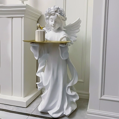 Figurine Ange Plateau En Résine Synthétique Statue Ornement Pour Rangement Clés Entrée Décoration Bureau Blanc Or Rétro